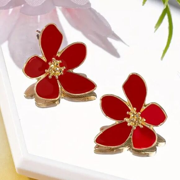Red flower stud earrings M236 - Picture 1 of 4